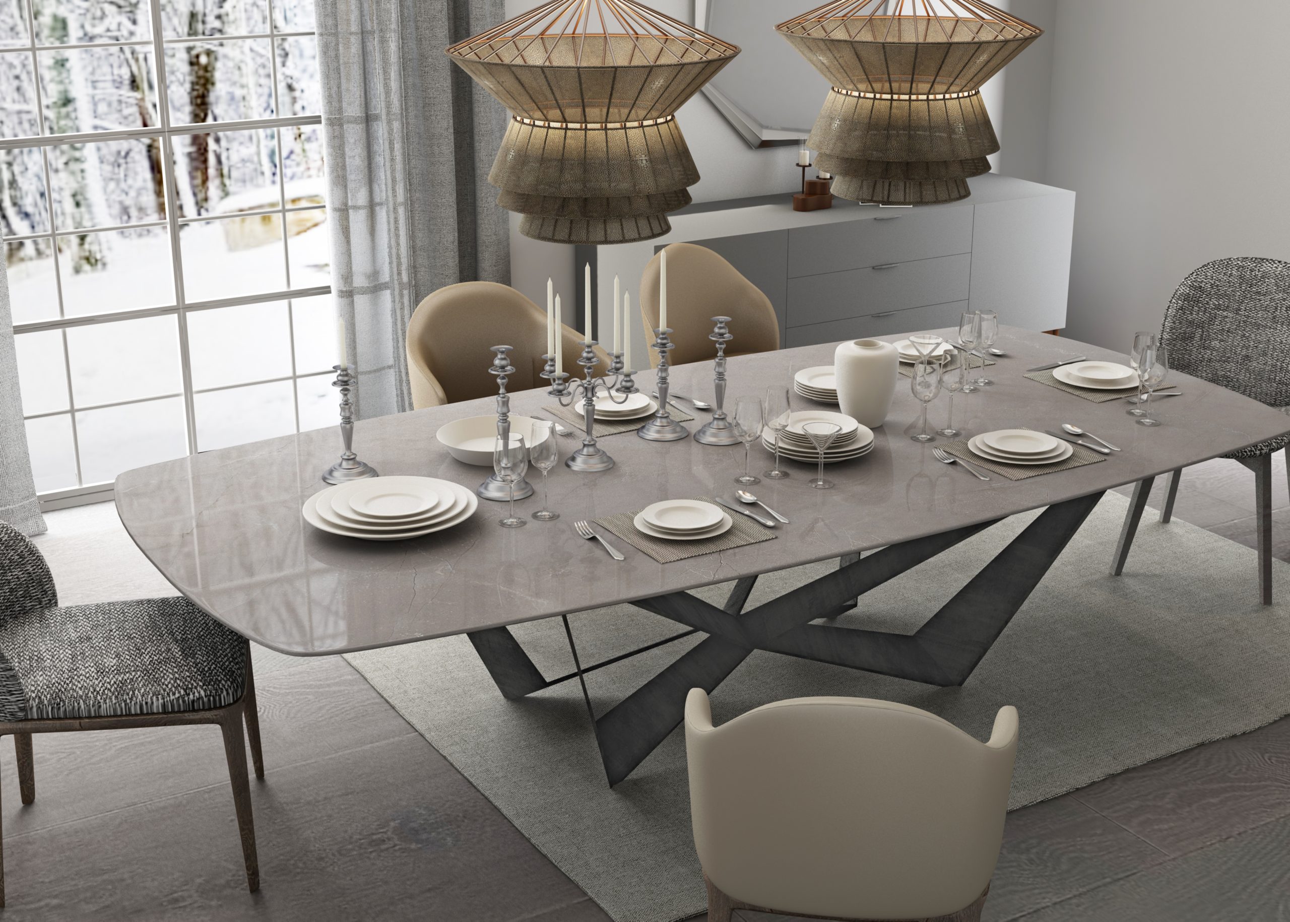 Mesa de comedor con cubierta Pulpis Grey en Creastone ultracompacto, diseño moderno y resistente para interiores