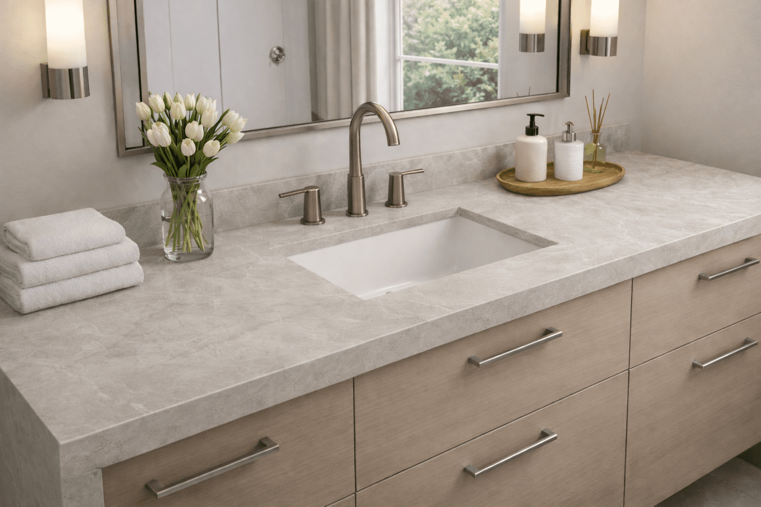 Cubierta de baño en Creastone ultracompacto Taj Mahal Mate con acabado mate, diseño moderno y elegante.