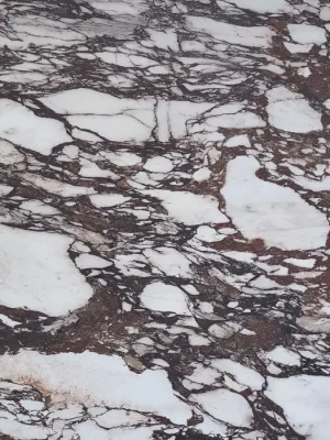 Mármol Calacatta Viola con fondo blanco y vetas color vino y burdeos, ideal para cubiertas y proyectos de alto impacto visual.